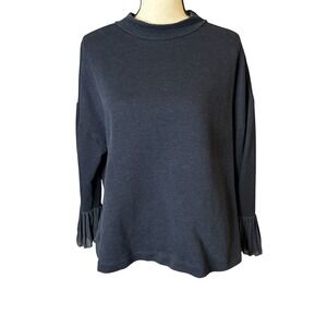 WRAP London Women's Pleated Cuff Mock Neck Top 14 Black Blouse Ruffle Back